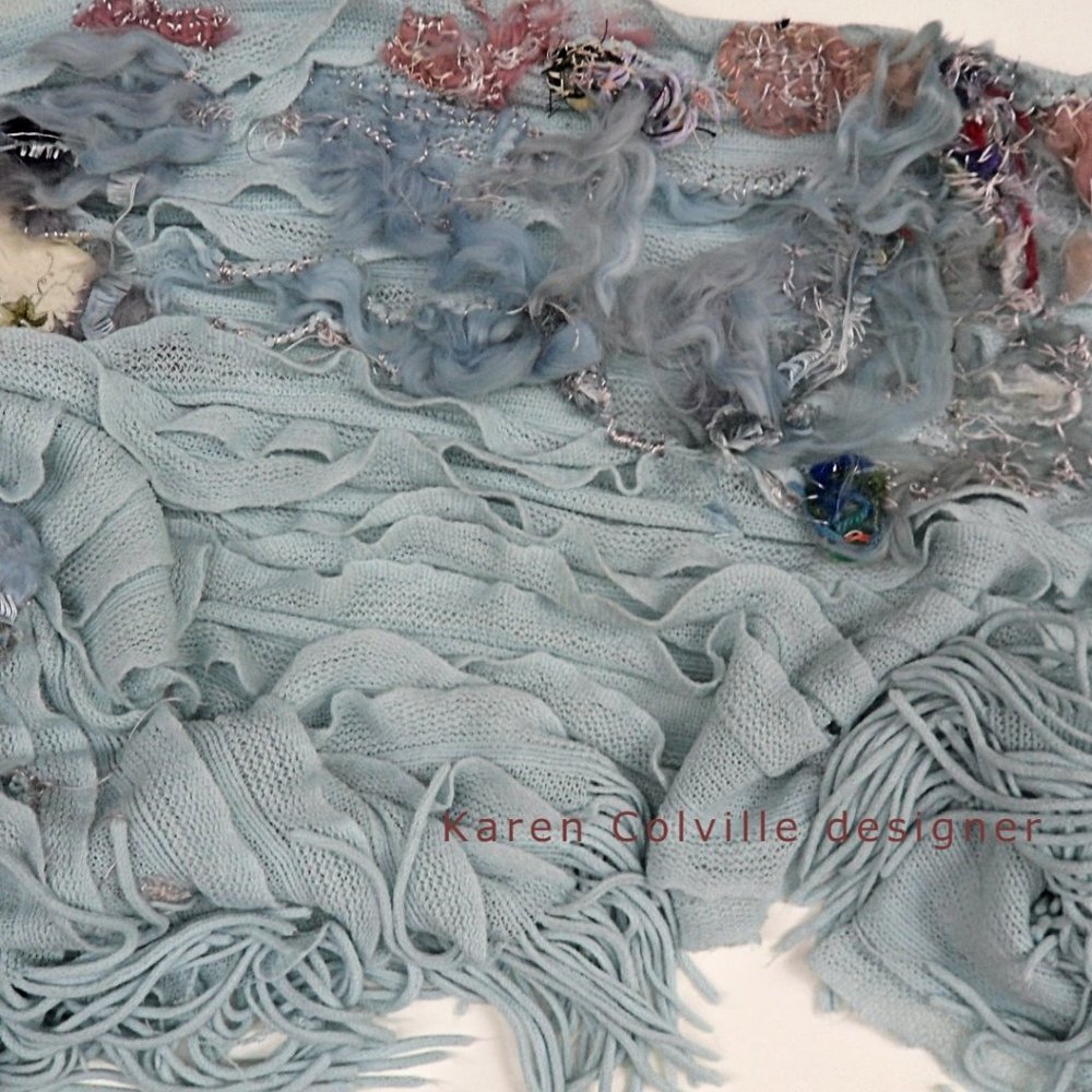 Sky blue knit silk hand embroidered wrap